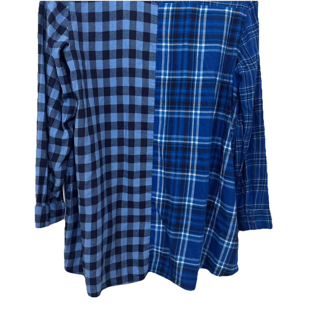 Coldwater Creek Into The Mix Plaid Flannel Top L Sapphire Blue Mixed Patchwork - Picture 6 of 9